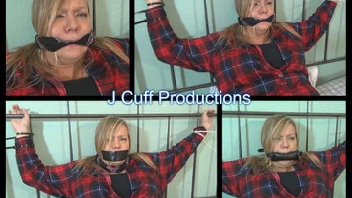 Kierson: Zip tied to the bed, cleave gagged, tape gagged, bit gagged and padded mouth gagged