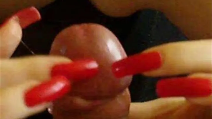 Stroking cock with long red nails