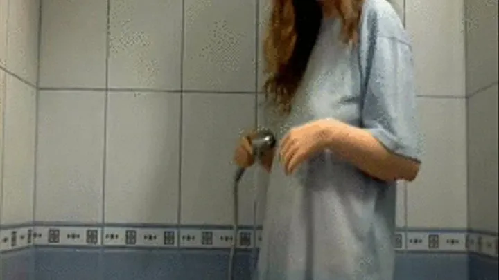 Shower in oversized blue T-shirt