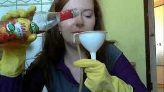 Drinking with the funnel in rubber gloves