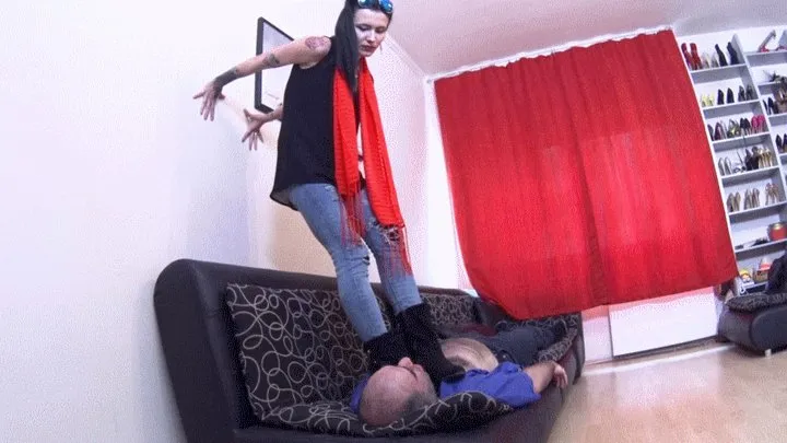 Lady Veronica - Under The Boots Of My Manager - EXTREME Trampling, Facestanding And Crotch In Flat Boots (GO PRO Camera - )