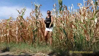 Pee in a field of corn - pissing herself while talking with her boyfriend on the phone