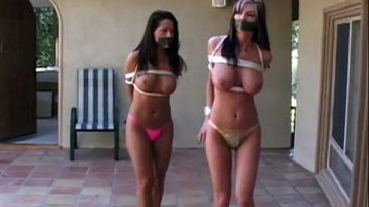 Two Gagged and Tied Topless Girls Wander Around A Mansion!