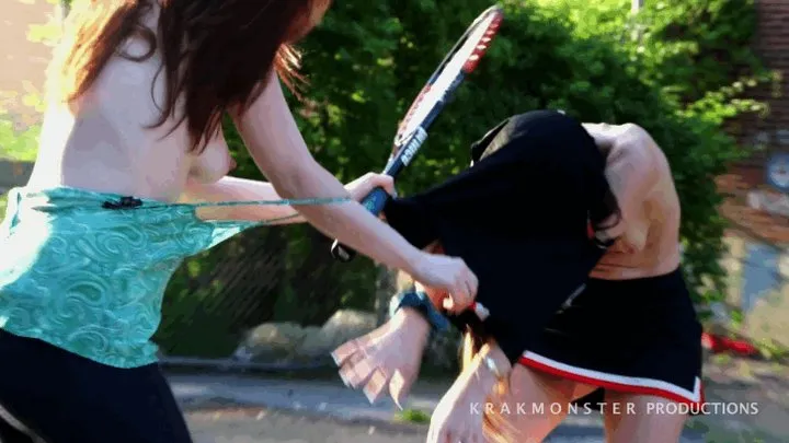 CHEERLEADER STUCK in TENNIS RACQUET & SHIRT in OUTDOOR STRIP FIGHT