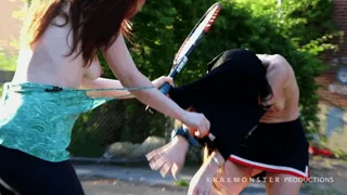 CHEERLEADER STUCK in TENNIS RACQUET & SHIRT in OUTDOOR STRIP FIGHT