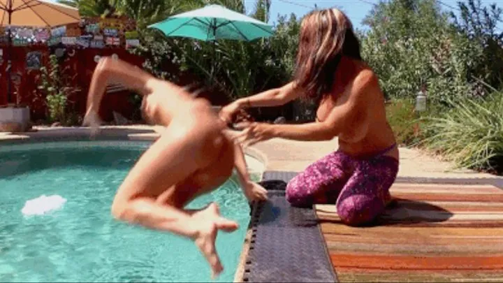 POOL FIGHT! Constance vs Goldie Blair : PAWG hairy ass spreading humiliation, spanking, ENF pushed in pool, head dunking, BIG TITS shirt ripping strip fight * small screen mp4