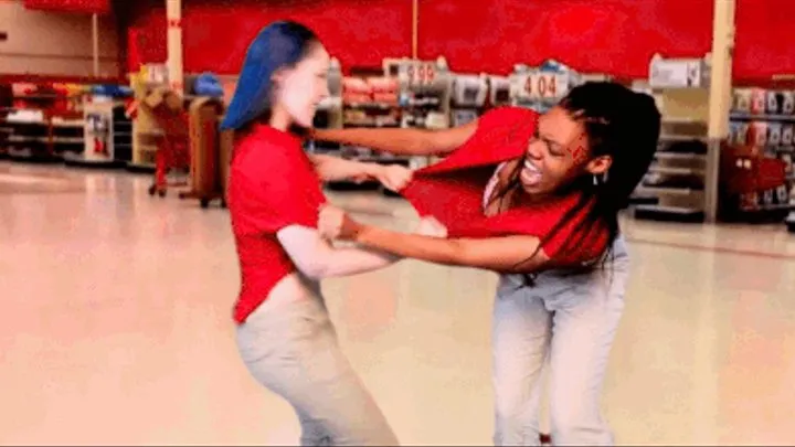 TARGET WORKERS FIGHT TRILOGY : EPISODE 1 : in store public SHIRT RIPPING FIGHT begins: BLACK vs WHITE manager Vonka's shirt pulled over her face by BIG BOOB employee : EP 1