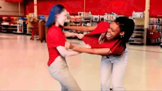 TARGET WORKERS CATFIGHT TRILOGY : EPISODE 1 : in store public SHIRT RIPPING FIGHT begins: BLACK vs WHITE manager's shirt pulled over her face by BIG BOOB employee : EP 1