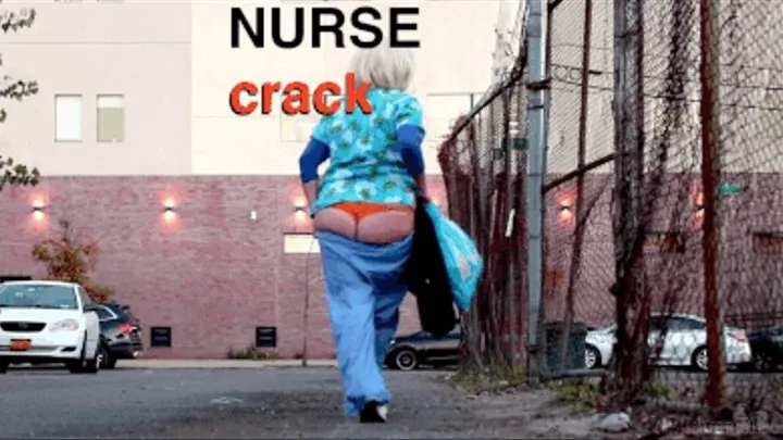 NURSE CRACK! PANTS FALL DOWN OUTDOORS & ASS CRACK hanging out of sagging scrubs in hospital : BIG BOOB BETSY the Nurse butt crack, belly, pubes, + big fart