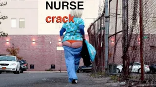 NURSE CRACK! PANTS FALL DOWN OUTDOORS & ASS CRACK hanging out of sagging scrubs in hospital : BIG BOOB BETSY the Nurse butt crack, belly, pubes, + big fart