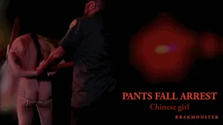 PANTS FALL ARREST : ASIAN SPA RAID : Chinese woman with long hair arrested TOPLESS as pants fall down eXposing hairy bush, ass crack, pierced nipples outdoors in rain + TV NEWS REPORT footage