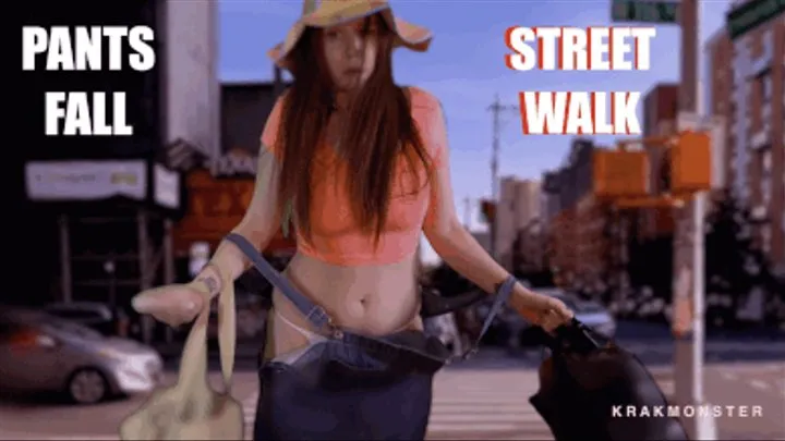 PANTS FALL STREET WALK STRUGGLE : Tara Tied's HANDS FULL! Embarrassing Non-stop wardrobe malfunctions BLOOPERS in overalls falling down: ass &amp; hairy crotch out as cars honk