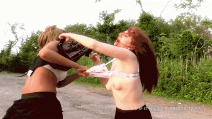 BRA RIPPING OUTDOOR GIRL FIGHT : BIG BOOB BLACK GIRL vs REDHEAD HIPSTER WHITE GIRL : mini skirts shirt ripping big tits bouncing all over the place