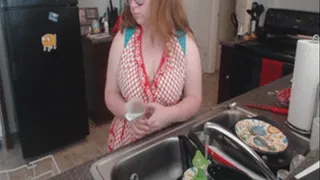 Doing the dishes in a cute thong and apron