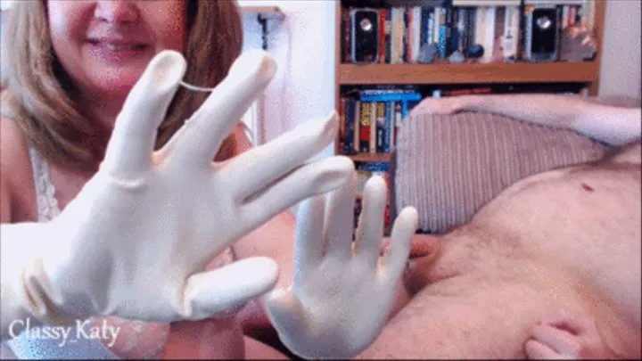 Handjob & cum eating in yellow Bizzybee satin touch rubber gloves - by request.