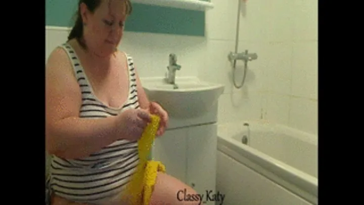 Bathroom cleaning in Marigold rubber gloves & white cotton panties.