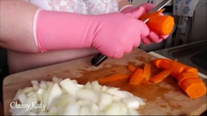 Preparing vegetables in my tight, pink rubber gloves.