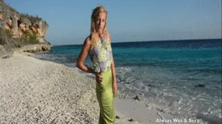 Emily in pencil skirt at beach