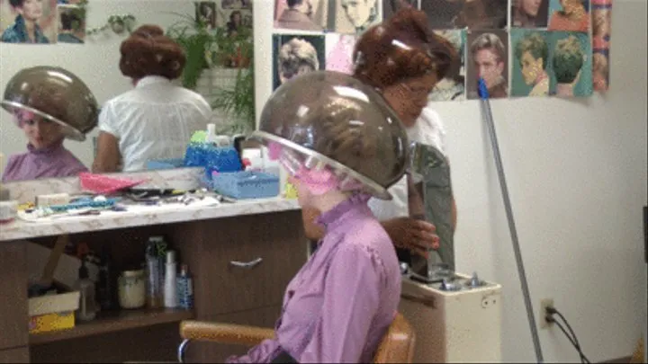 Kat Under Hair Dryer with Hair in Tip Top & Other Metal Curlers - Dryer only