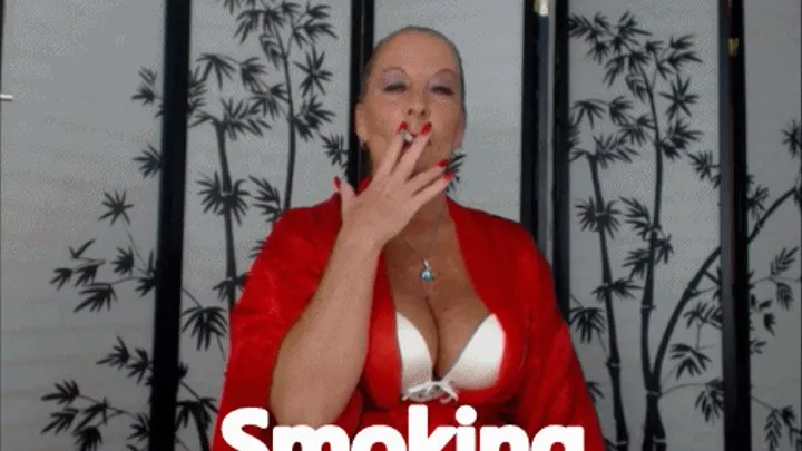 Smoking Fetish Silk Robe Red Lipstick Nails