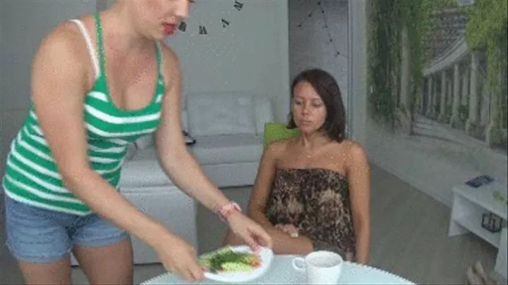 open mouth and feeding girl with vegetables Ja