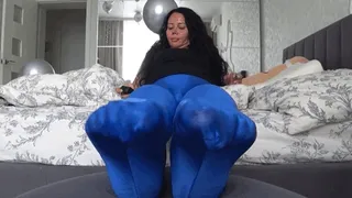 wiggling my toes in shiny blue tights dd