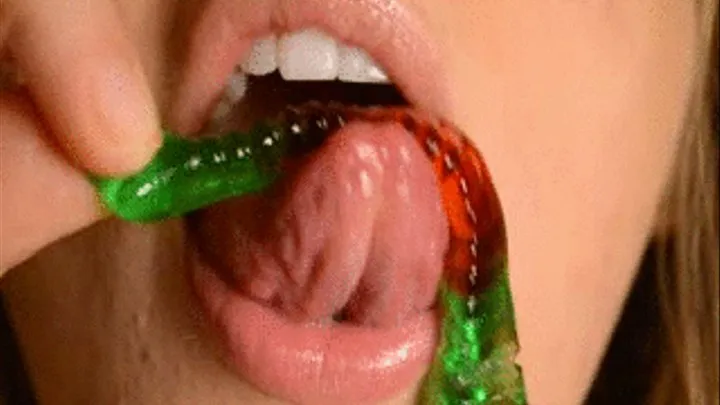 Gummy worm licking and chewing