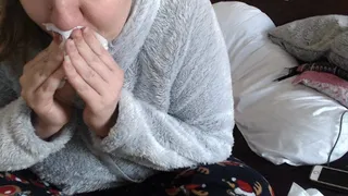 Phlegm coughing and nose blowing fluffy jumper