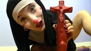 Clown Nun fucks self with Crucifix Dildo