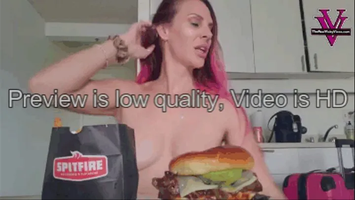 Topless facestuffing burger and fries