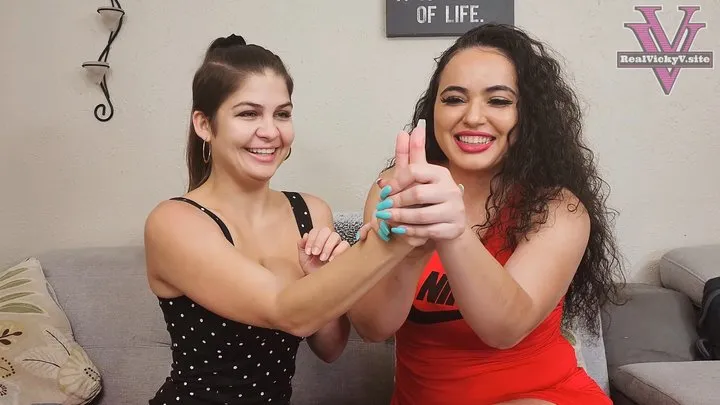 Vicky, Viviane, and Marcy compare and measure their hands