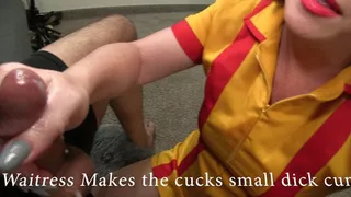 Waitress makes the small cock cuck cum