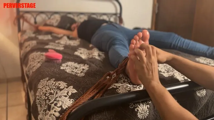 Kassandra tied to the bed and tickled in X position