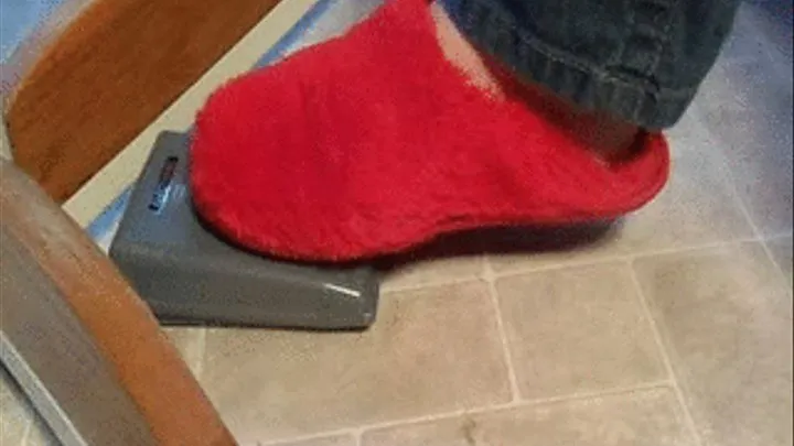 Sewing In Red Fuzzy Slippers