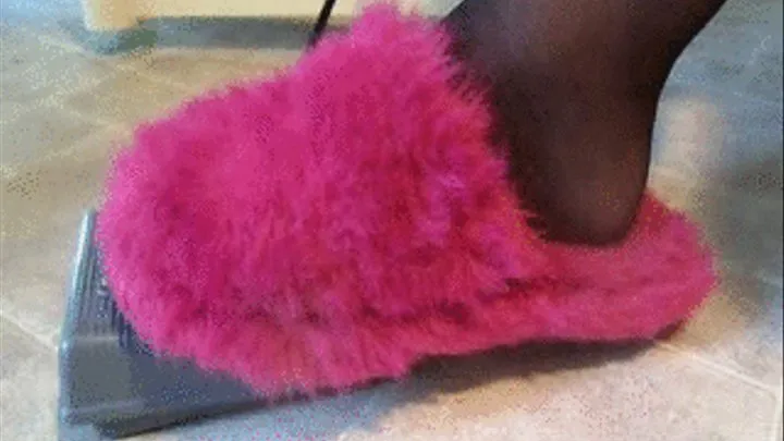 Sewing In Black Stockings and Pink Fuzzy Slippers