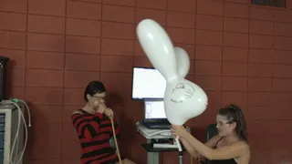 Kendra and Summer Blow Up a Giant Bunny Figurine