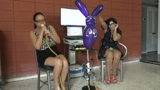 Nyssa and Sahrye Blow Up a Bunny Figurine Balloon