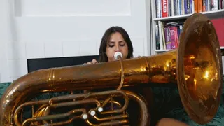 Chichi Tries to Coax a Sound Out of a Tuba