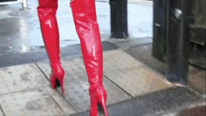 Railroad Station in Shiny PVC & Red Thigh Boots