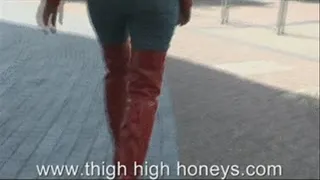 Dannii Harwood in Red Thigh Boots goes out for lunch