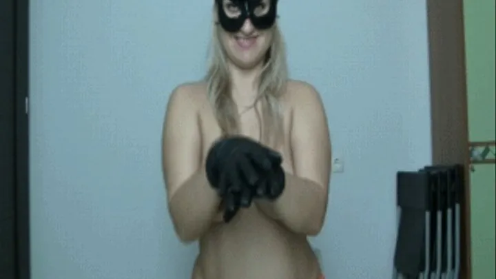 Oral and handjob in a black mask and gloves/