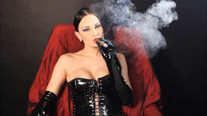 Smoking Big Cigar in Latex Dress