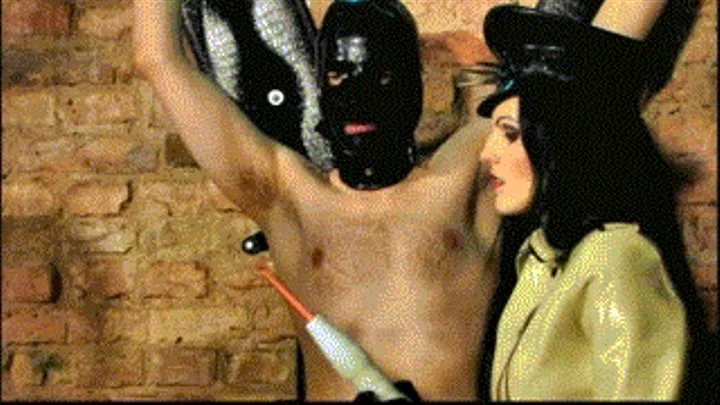 Electric sparks popping on dick of helpless slave