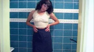 Dinara strips and pees in blue bathroom