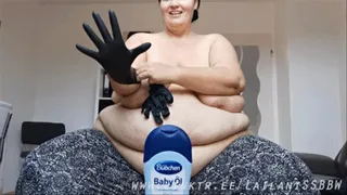 Oily Fat Belly and Boobs Massagewith black Gloves