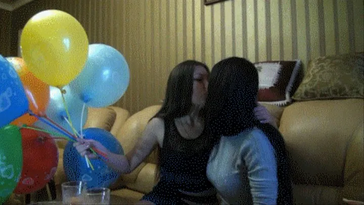 Silly girls with cigarettes and balloons.