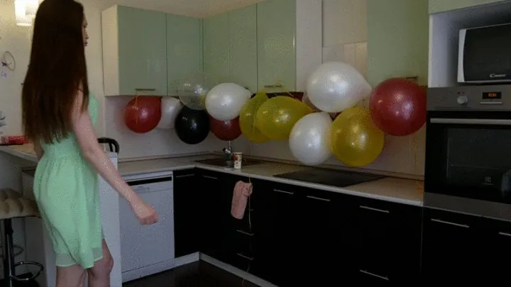 Evil housewife pop all balloons in the kitchen