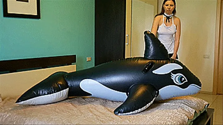 Housemaid pop and deflate big inflatable whale