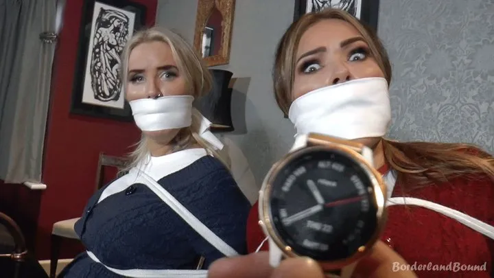 Charley & Brook in: Prolonged Jumbo Cloth Gag Stiflings for Extra-Bratty Warm-Up Chicks as Paranoid Burglar Rips Through the House!