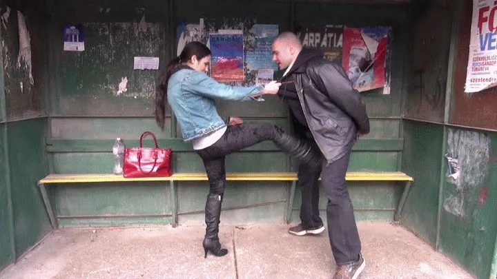 OUTDOORS SLAVE TRAINING - AT THE BUS STATION - PUBLIC BALLBUSTING IN BOOTS REMASTERED